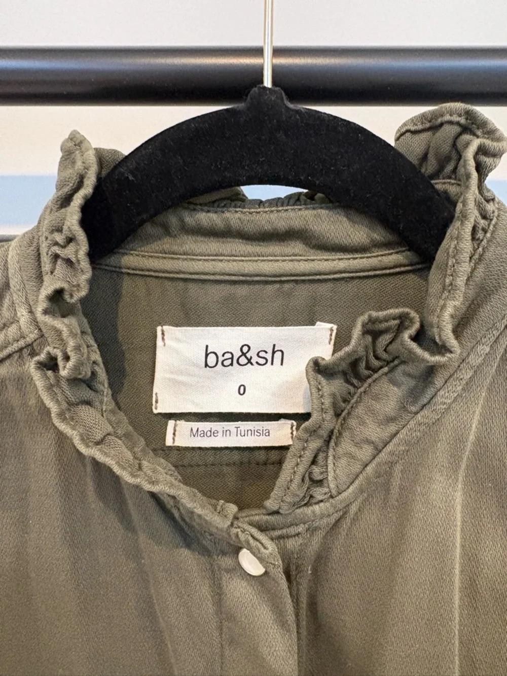 ba&sh Axelle olive Ruffle-Neck button front shirt - Picture 8 of 15